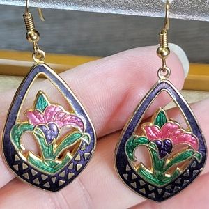 Vintage Pink, Blue, Green Cloisonne Enamel Flower Earrings Pierced